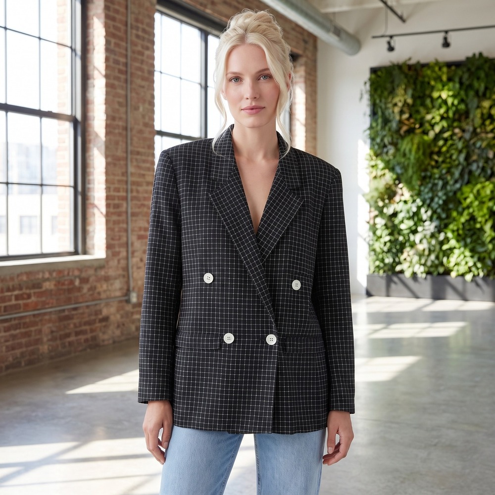 Liz Claiborne Collection Windowpane Blazer Womens 4 Black Double Breasted Office